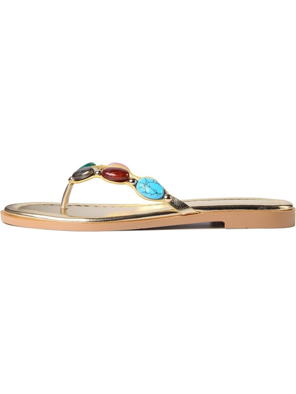 Women's Gold Polyurethane Open Round Toe Flip Flops Comfy Slip on Flats Sandals - Picture 4 of 6